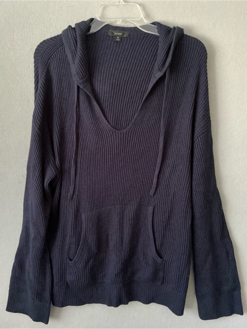 J. Crew Women XL Ribbed Knit Hoodie Sweater V-Neck Front Pocket Blue Pullover